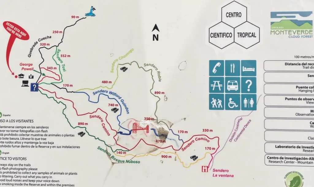 Map of hiking trails in Monteverde Cloud Forest Reserve