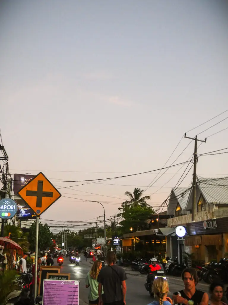 Main street with restaurants in Kuta Lombok