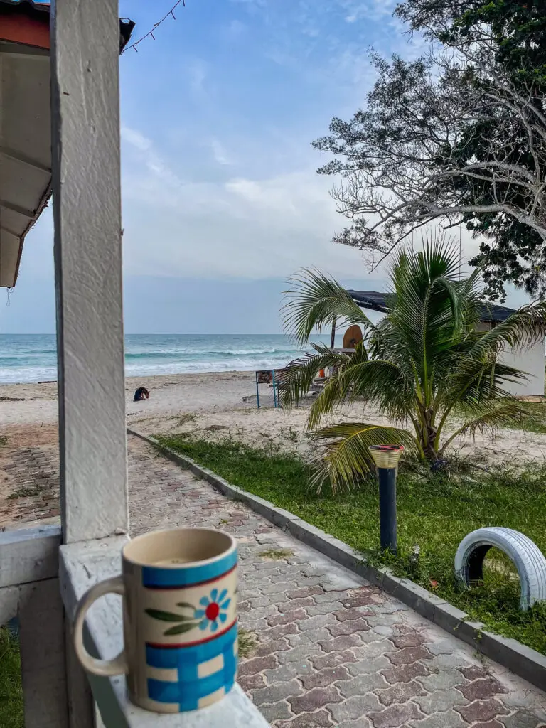 Morning coffee with a beach view in Borneo