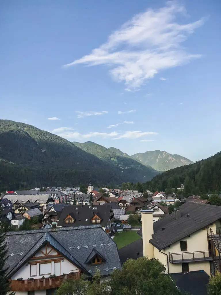 The town of Kranjska Gora surrounded by the Julian Alps