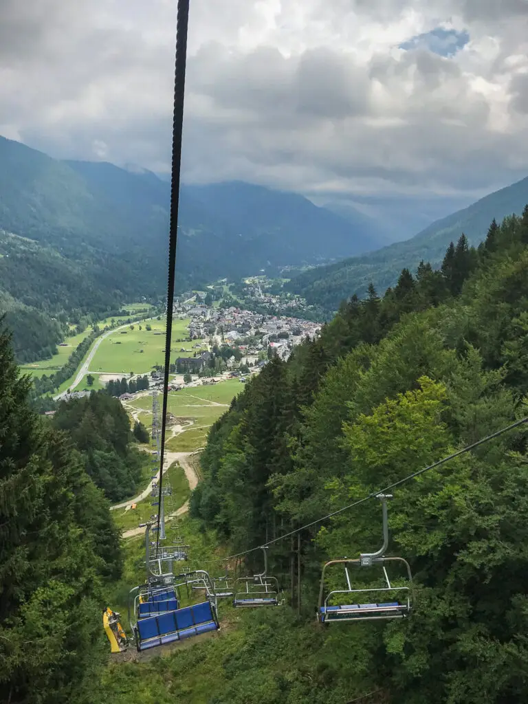 View of Kranjska Gora from the ski lift, preparing for a ride on the summer toboggan