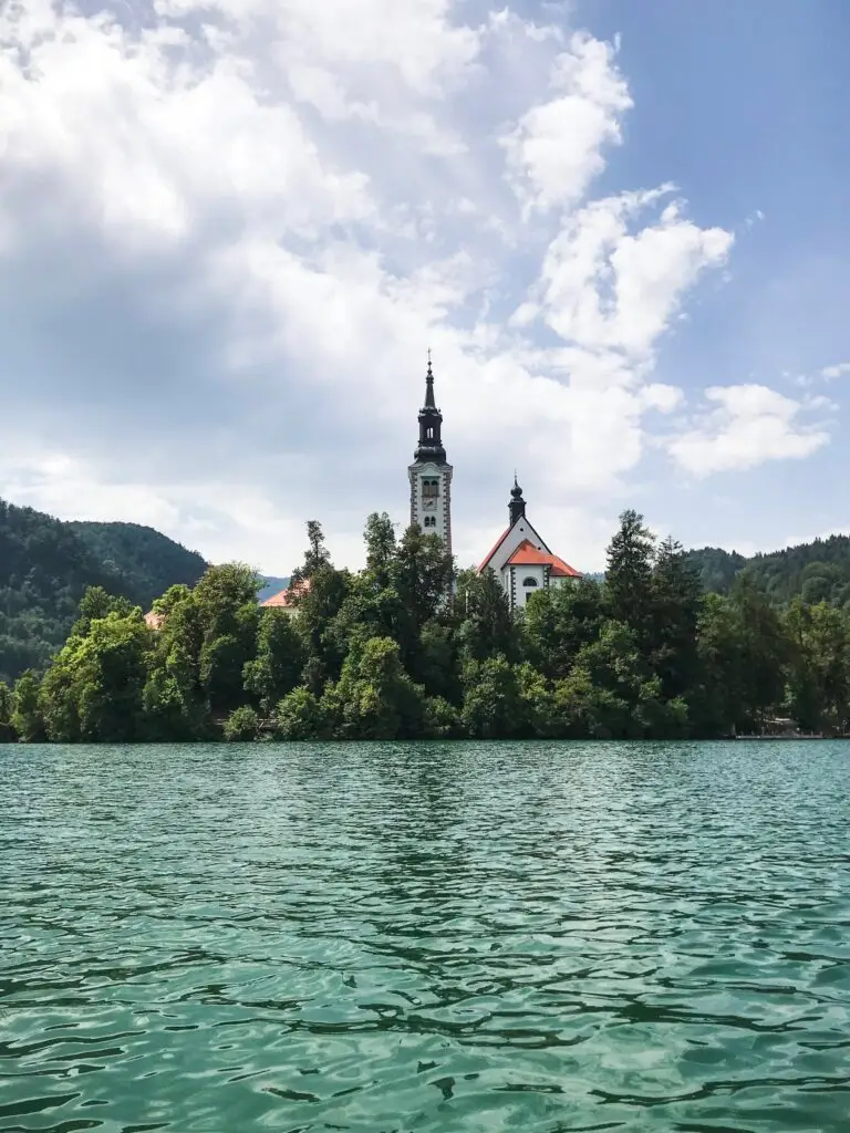 View of the Bled Island from a row boat