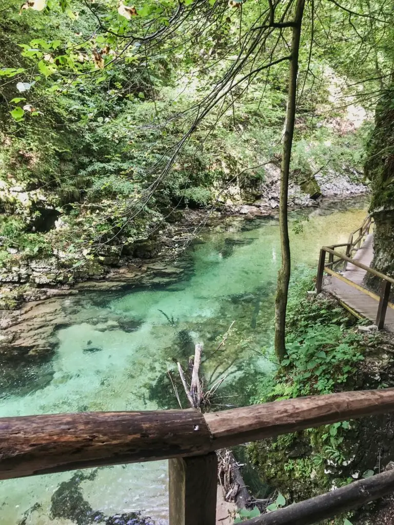 Crystal-clear turquoise water rushing beneath a wooden walkway in scenic Vintgar Gorge, Slovenia