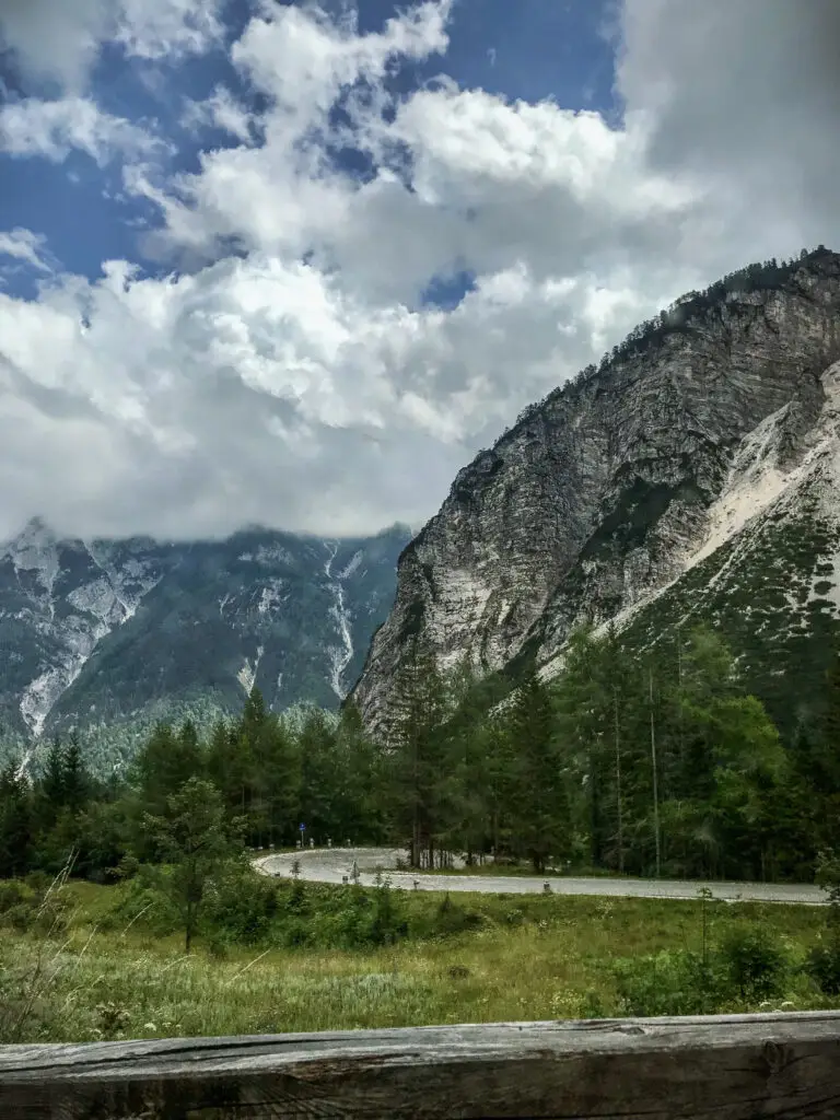 Travel on the serpentine roads through the Vršič Pass in Slovenia in Europe