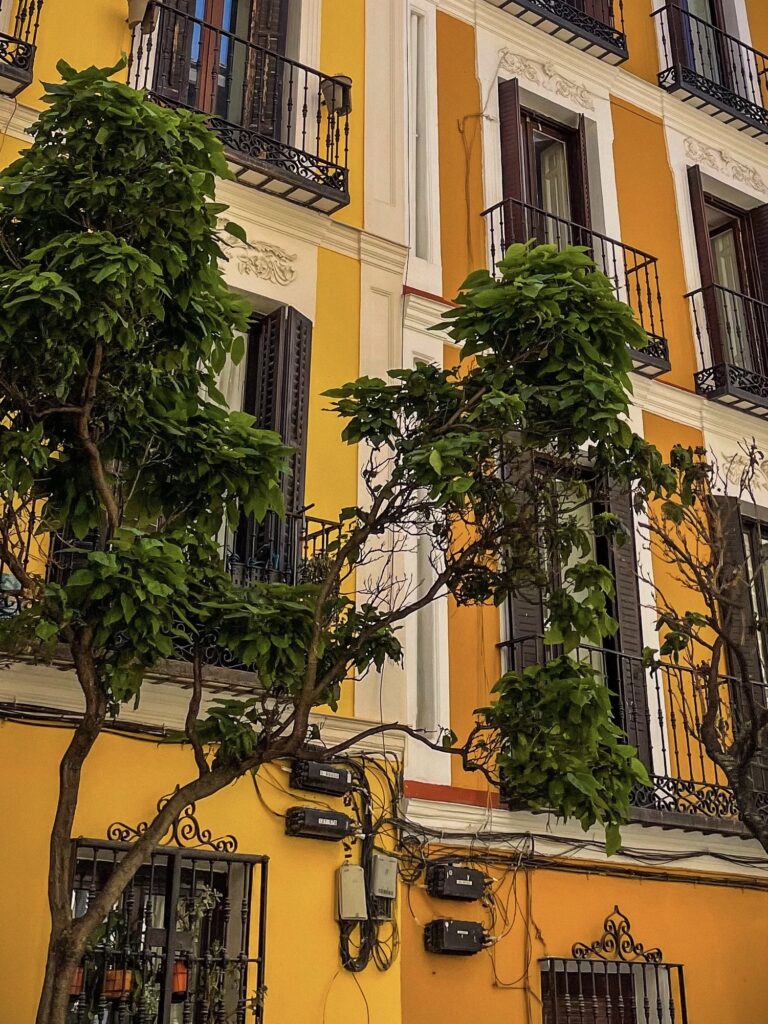 Beautiful architecture and colorful houses in Madrid