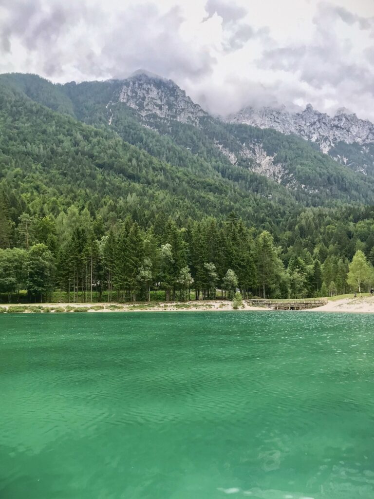 Lake Jasna is an artifical lake along the Vrsic Pass in Slovenia